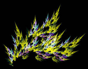 Bright openwork graceful leaves of an abstract plant are dynamically arranged on a black background. Graphic design element. 3D rendering. 3D illustration.
