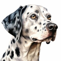 watercolor image of a black and white spotted dalmatian dog