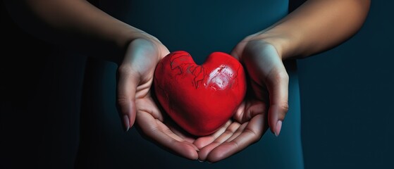 red heart shape on woman hands, idea for medical heart health care theme banner background, Generative Ai
