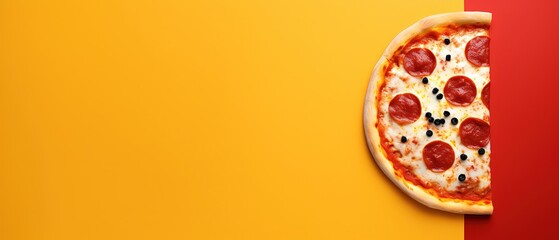 piece of pizza on vivid yellow background, fashionable art food photo design, Generative Ai