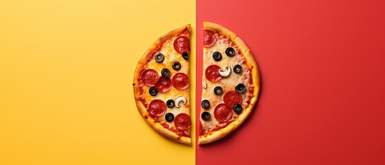 piece of pizza on vivid yellow orange background, fashionable art food photo design, Generative Ai