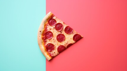 piece of pizza on vivid pink blue background, fashionable art food photo design, Generative Ai