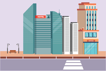 Shopping mall and hotels concept. Colored flat vector illustration isolated.
