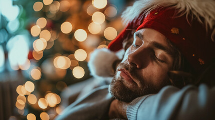Man napping in festive hat, bokeh lights.
