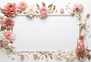 FRAME WITH FLOWERS, WHITE BACKGROUND.
