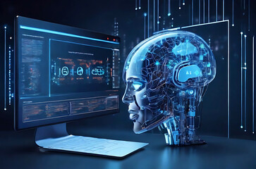 AI Artificial Intelligence. using AI technology for data analysis, coding computer language with digital brain