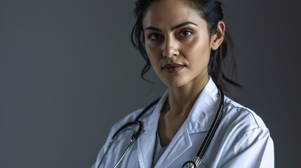 Medical concept of Indian beautiful female doctor in white coat with stethoscope