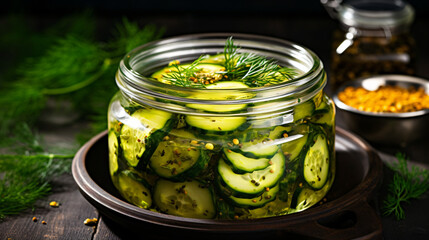Homemade marinated cucumber slices in a jar