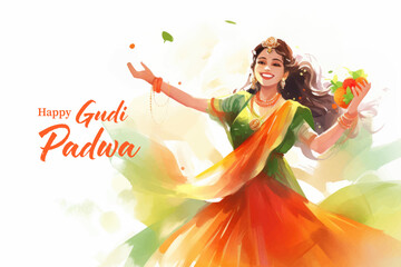 Happy Gudi Padwa greeting card. Indian woman in traditional indian dress with flowers.