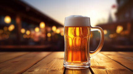 Beer mug on the wood desk with blurred background. AI generated