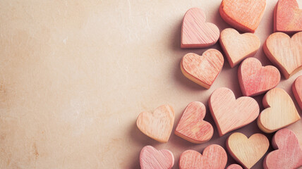 Obraz premium Wooden Hearts Gathered on a Parchment-Textured Backdrop