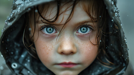 Child's intense gaze in the rain.