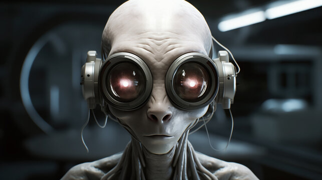 Alien with goggles in spaceship.