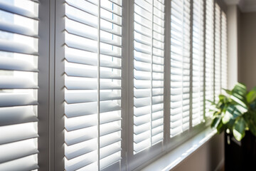 White window shutters casting shadows in a bright room