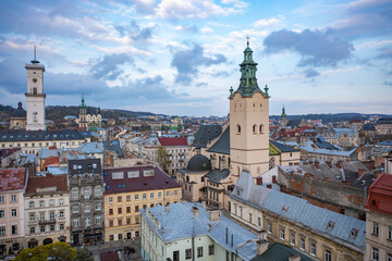 View on Latin Cathedral in Lviv, Ukraine  from drone