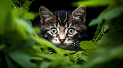 a cute kitten peeking through the leaves of a gardening area