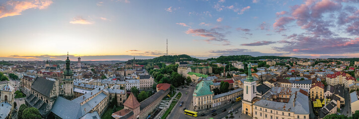 Fototapeta na wymiar Panoramic aerial view on Lviv from drone