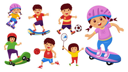 Set of Vector Illustration Kids Sport activity, 
Football, Basketball, Skateboard, Roller Skate, Badminton