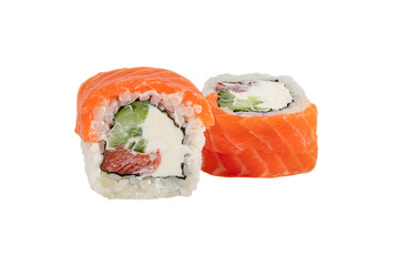 Sushi closeup isolated on white background. Sushi roll baked with red fish, trout, Philadelphia cheese and cucumber and tuna. Japanese restaurant menu.