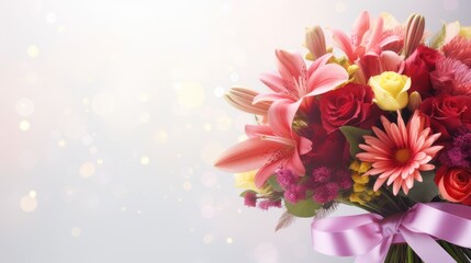 A bouquet of beautiful fresh flowers, tied with a ribbon and a bow. Bokeh, copy space