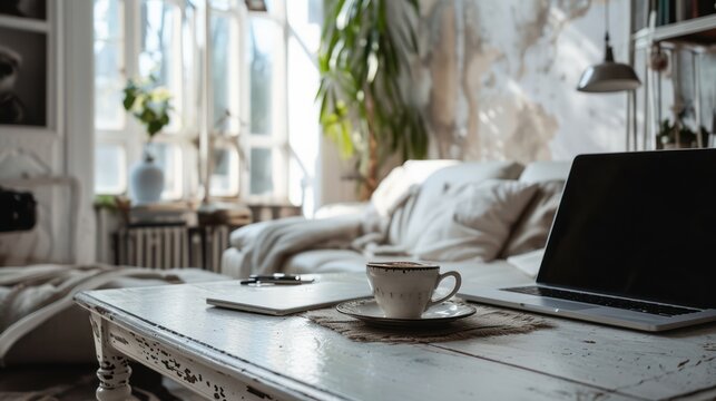 Home Office Concept. Designated Work From Home Area Near The Window. Modern Laptop With Blurred Screen And Glass Cup Of Tea On Table. Close Up, Copy Space, Interior Background.