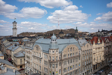 Obraz premium Panoramic aerial view on Lviv from drone