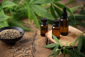 CBD hemp oil in a bottles and hemp seeds with cannabis leaf on wooden background. Hemp herbal...