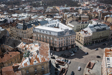 Fototapeta premium Panoramic aerial view on Lviv from drone