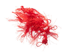 Many Red Chinese Tassel float in air with tail fly. Many Red China Tassels get wind blow hanging and thread tie up mess. Chinese New Year decorative items. White background isolated