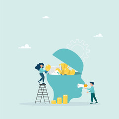 The female and male characters insert a light bulb, books and equipment into a man's head to improve his work skills. Skill development concept.Flat vector illustration

