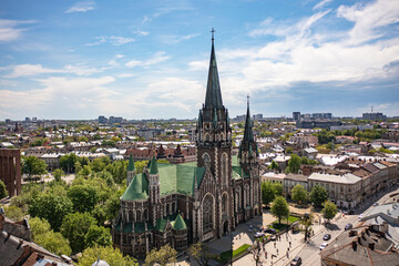 Fototapeta premium Aerial veiw on Elizabeth church in Lviv, Ukraine from drone.