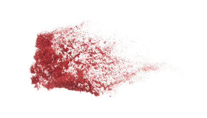 Red metallic glitter sparkle explosion in air. Red Glitter sand spark blink celebrate Chinese new year, fly throw red glitters particle. White background isolated, selective focus Blur bokeh - obrazy, fototapety, plakaty