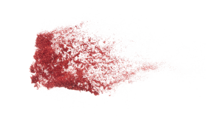 Red metallic glitter sparkle explosion in air. Red Glitter sand spark blink celebrate Chinese new year, fly throw red glitters particle. White background isolated, selective focus Blur bokeh
