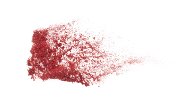 Red metallic glitter sparkle explosion in air. Red Glitter sand spark blink celebrate Chinese new year, fly throw red glitters particle. White background isolated, selective focus Blur bokeh