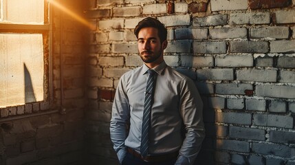 Obraz premium Portrait of an attractive young businessman standing against a grey face brick wall 