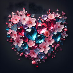 Pink and blue crystal heart with flowers. AI generated illustration