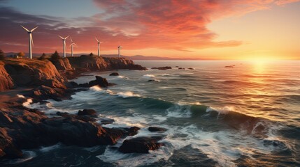 Wind turbines over ocean at sunset hues