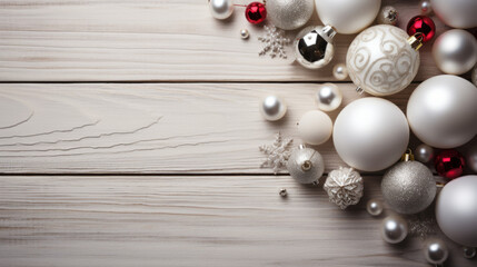 Elegant Christmas decorations, white and red glass balls, festive festive border on a wooden...