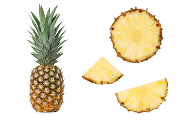 Whole juicy fresh pineapple. Pieces of pineapple half, quarter. Isolated.