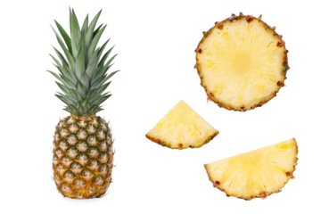 Whole juicy fresh pineapple. Pieces of pineapple half, quarter. Isolated.