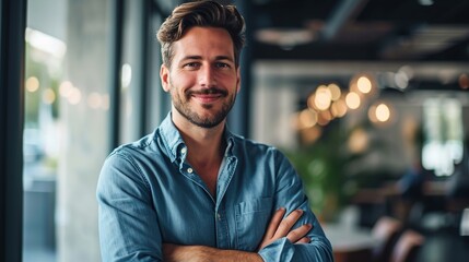 Portrait of cheerful businessman with arms folded standing in conference room. Happy young business man in shirt looking at camera. Portrait of a smiling businessman in modern office - obrazy, fototapety, plakaty