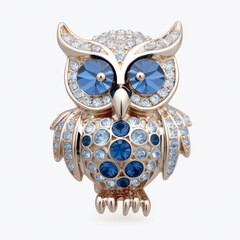 Elegant owl brooch with blue precious stones and white gold crystals, intricate design highlighted on a white background. - obrazy, fototapety, plakaty