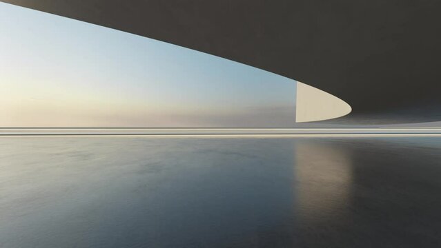 3d render of abstract wavy futuristic architecture with concrete floor.