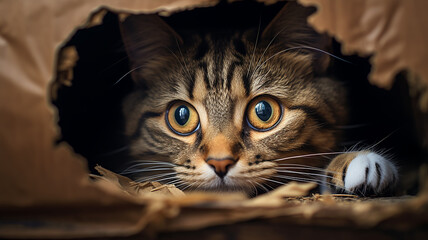 a cat peeks out of a cardboard box, a cute cat inside a box, a simple pet house
