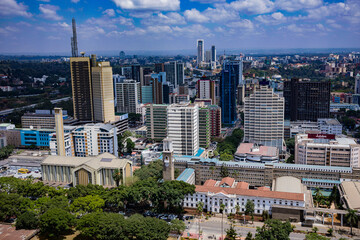 downtown city state country Nairobi City County Kenya Capital Sunset Sunrise Sundowner Golden Hour Cityscapes Skyline Skyscrapers Landscapes Tall Building Landmarks In Kenya East Africa Aerial Clouds 
