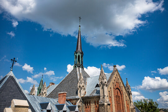 Aerial view on Church of John Chrysostom (former Church of the Sacred Heart of Jesus) in Lviv, Ukraine from drone