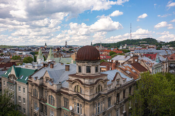Obraz premium Panoramic aerial view on Lviv from drone