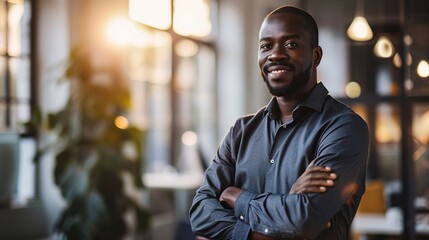 Naklejka premium Portrait of smiling african businessman standing in office with crossing hands