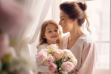 portrait of a mother and daughter with flowers for mother's day, the concept of celebrating mother's day, mother and daughter hugging, maternal love and care