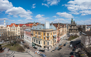 Panoramic aerial view on Lviv from drone